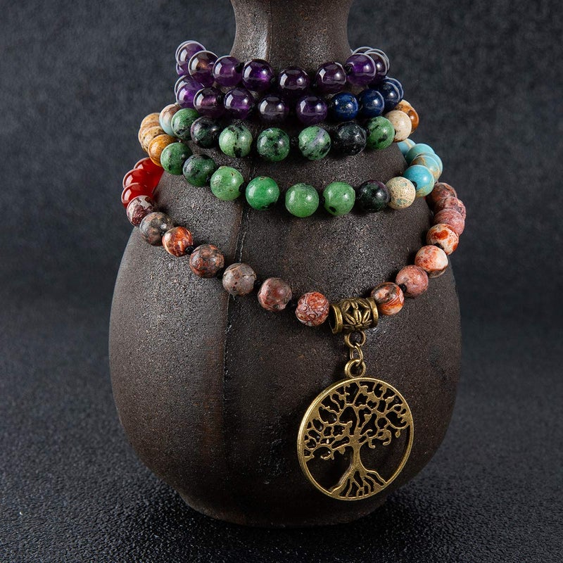 Bivei 7 Chakra 108 Mala Beads Bracelet Real Gemstone Yoga Meditation Hand Knotted Mala Prayer Bead Necklace(Life Tree-6mm beads) - Image 2